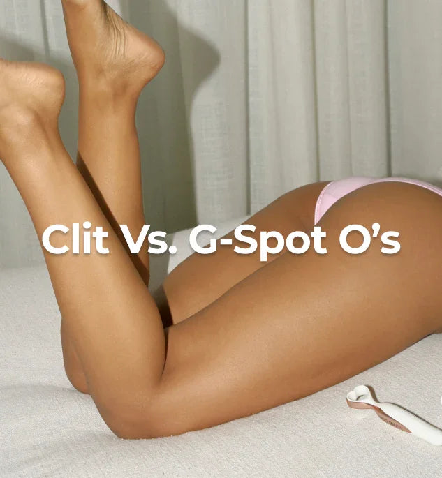 Woman wearing pink panties with a clitoral vibrator nearby.