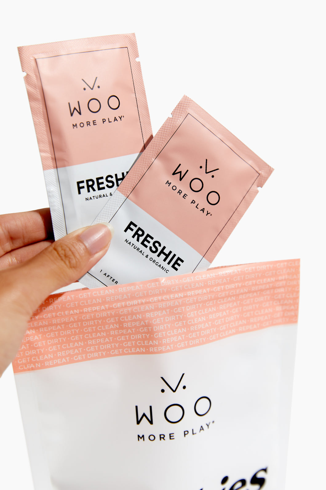 Freshies intimate wipes individual packaging closeup.